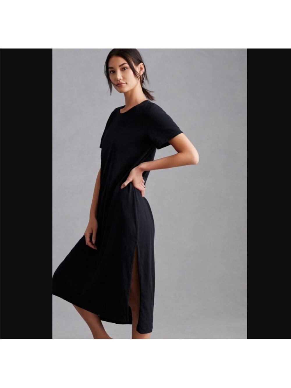 Classic Black Short-Sleeve Midi Dress with Side Slit